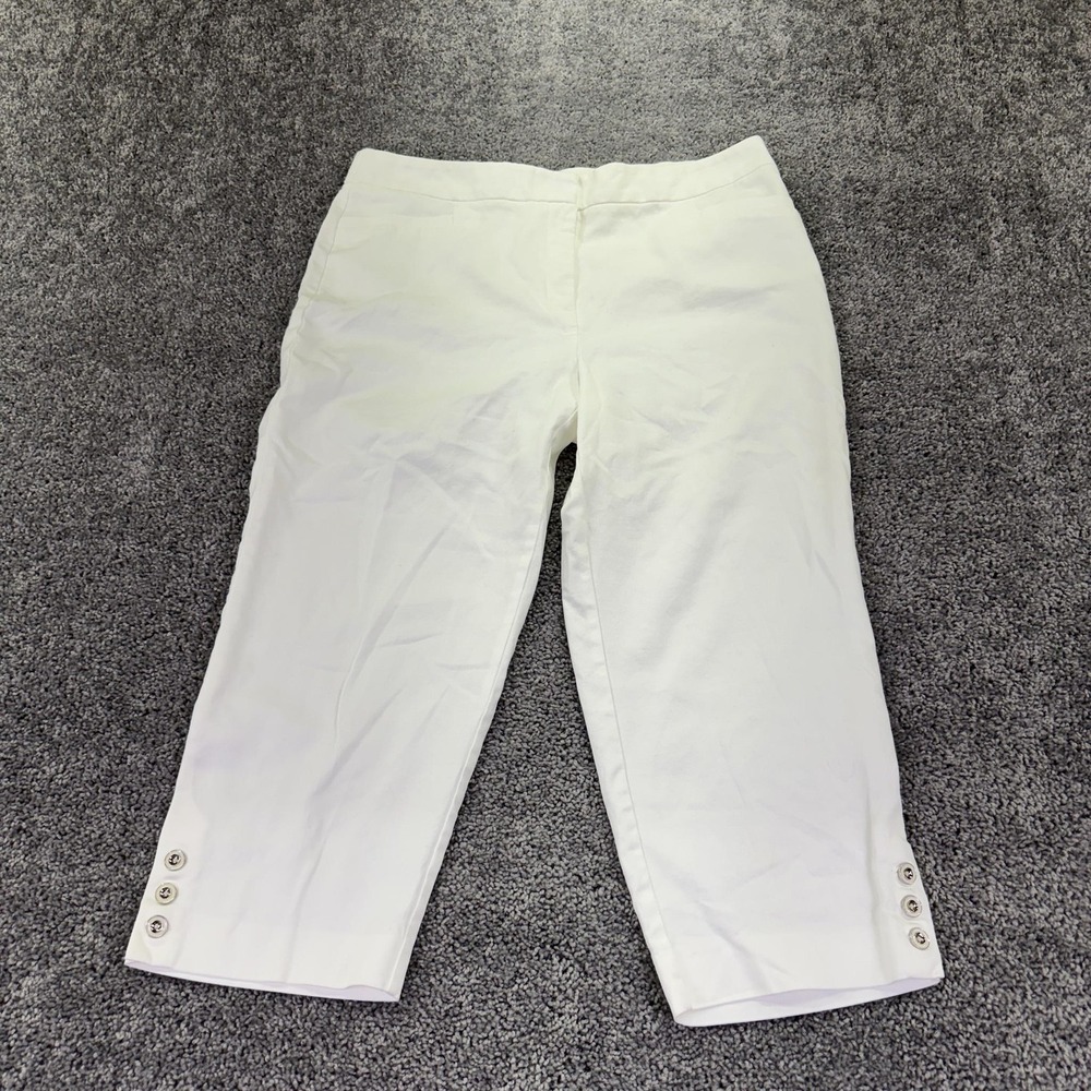 Roz & Ali Pants Womens 16 White Capri Crop Pull On Stretch Button Hem Casual